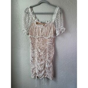 Story On Cream‎ Lace Ruched Milkmaid Coquette Mini Dress Short Puff Sleeve Small